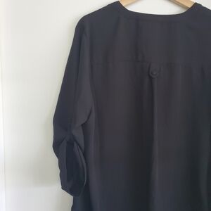 Torrid Harper 0 Blouse Black sheer 3/4 Sleeve Top 1/4 Button Collar Office Wear